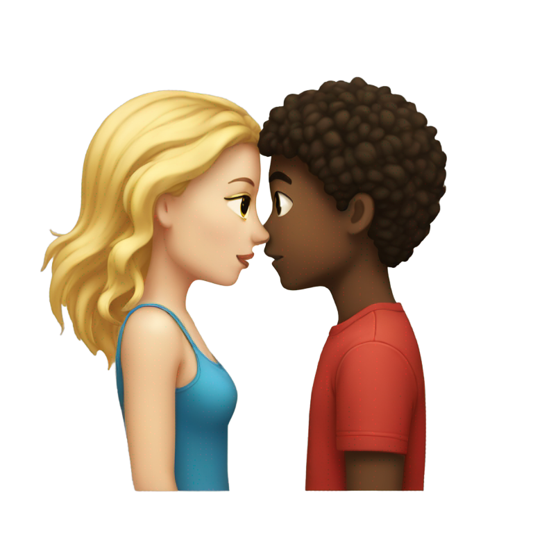 絵文字：黒人の少年と白人の少女がキスしている。