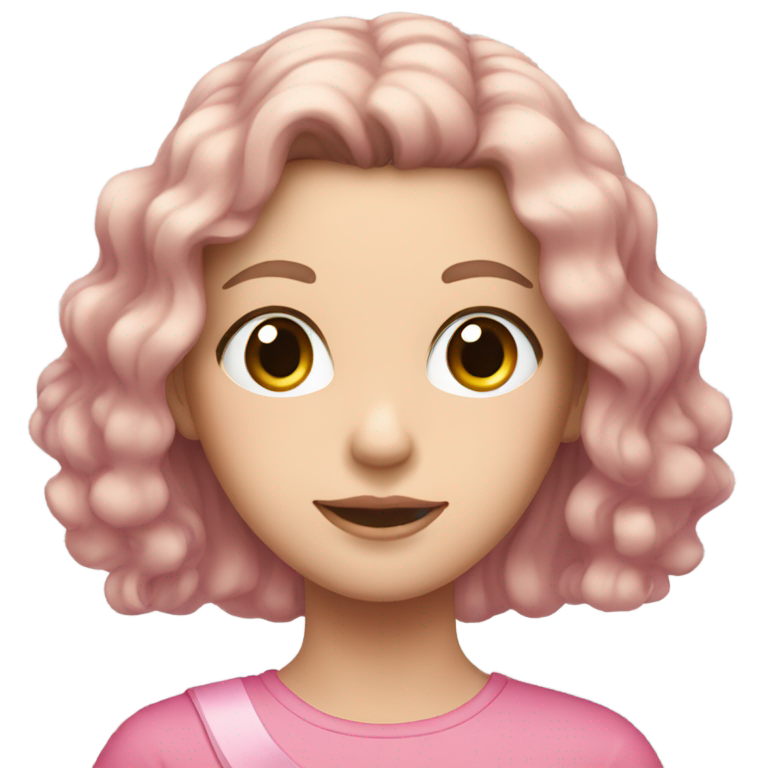 genmoji: A white girl wearing a pink top with long black hair, she ahs a pink ribbon on her hair