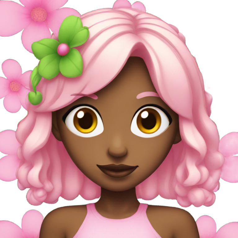 genmoji : Fille à la peau rose avec quatre yeux, cheveux verts, grandes oreilles et portant des fleurs.