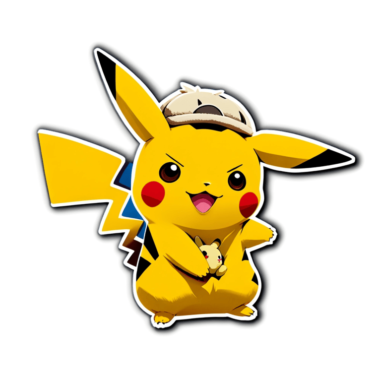 genmoji: Pikachu with a mini pikachu plushie on his head