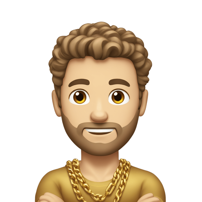 genmoji：棕发强壮白人男性，无胡须，金色衬衫，金链子，金腕带，交叉双臂