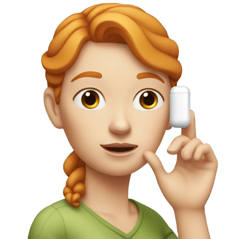 genmoji : Une femme rousse avec des AirPods dans les oreilles, faisant signe de se taire avec son doigt sur la bouche.
