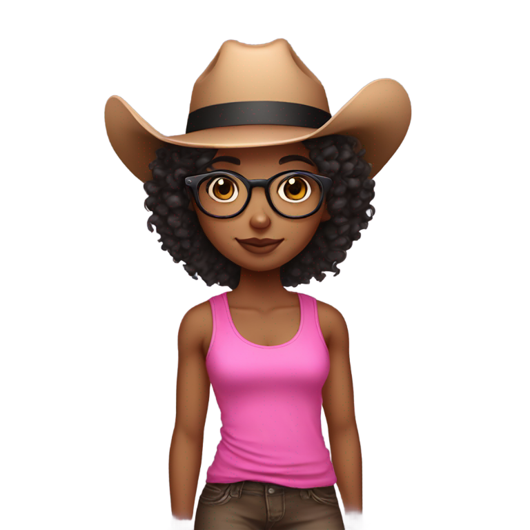 genmoji: a brown skin girl who has black loose curly with glasses with long eyelashes and black eyes she’s wearing a pink tank top and a cowboy hat