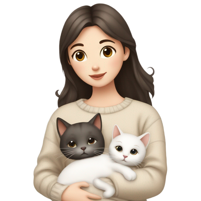 genmoji : girl with dark brown middle hair in beige sweater lovely hugs her white cat with grey spots on it