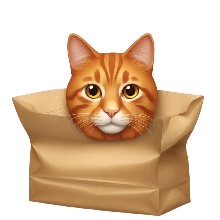genmoji: a serious red-haired cat with a paper bag