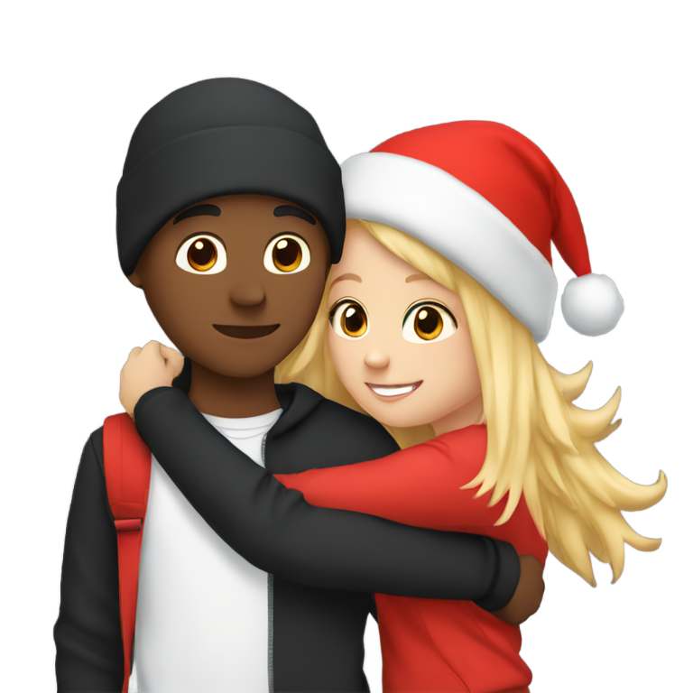絵文字：2人のティーンの友達が横に抱き合っている。黒人の少年は赤いクリスマス帽をかぶり、白人の少女は黒いトラックスーツを着て、長いストレートの金髪。