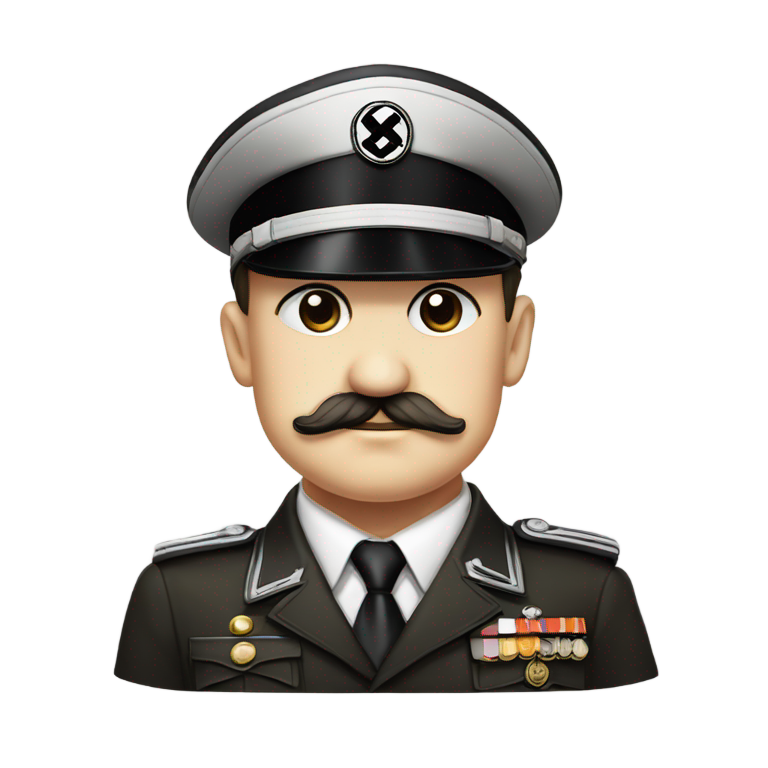 genmoji：希特勒，穿着党卫军制服，帽子上有骷髅头标志，鼻子下方有黑色方块。