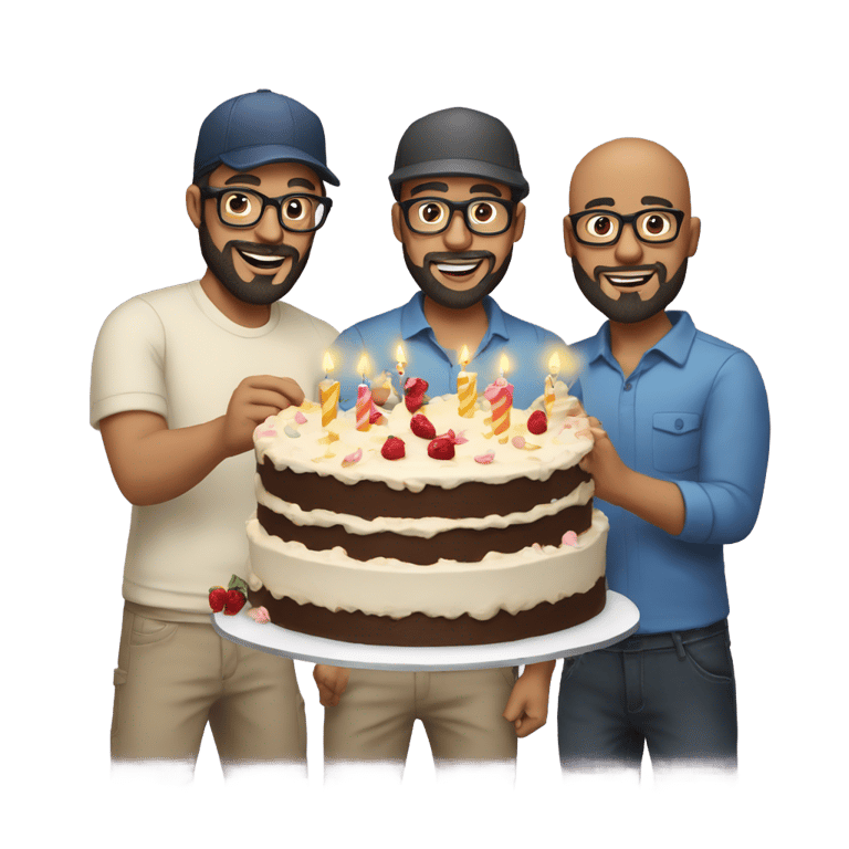 genmoji：三位白皮肤的男性，拿着蛋糕庆祝生日。第一位是光头戴眼镜。第二位是胡子男，黑发戴眼镜。第三位戴帽子。