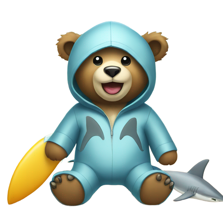 genmoji : Un ours sur la plage portant un costume de requin