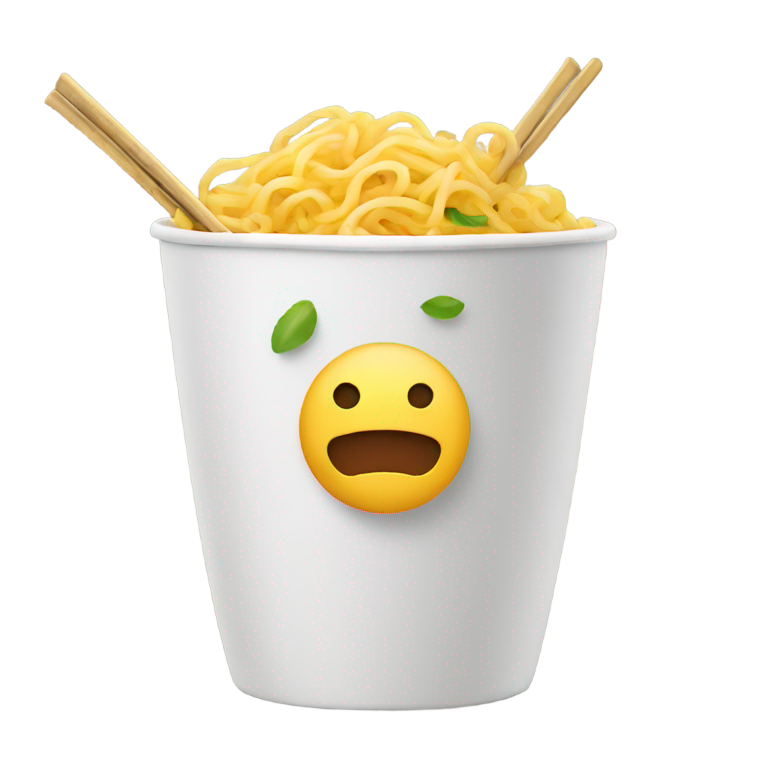 genmoji : Émoji nageant dans un bol de nouilles avec des baguettes comme sourcils