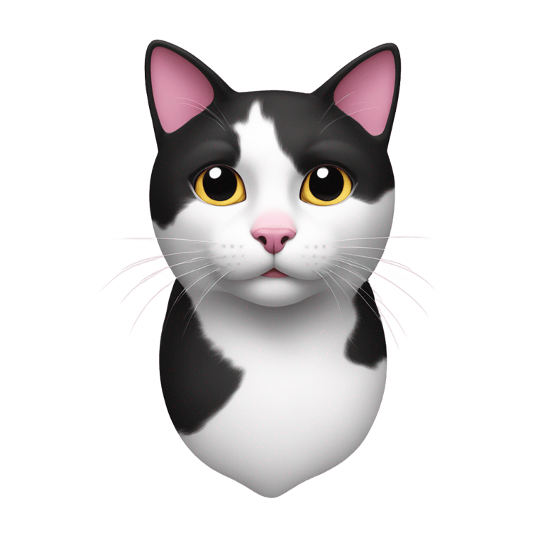 genmoji : Black and white cat head, black at top and white at bottom. Pink nose with a black dot
