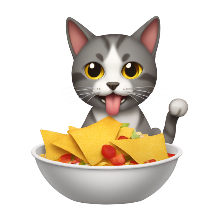 genmoji: cat eating a boil of nachos with toppings