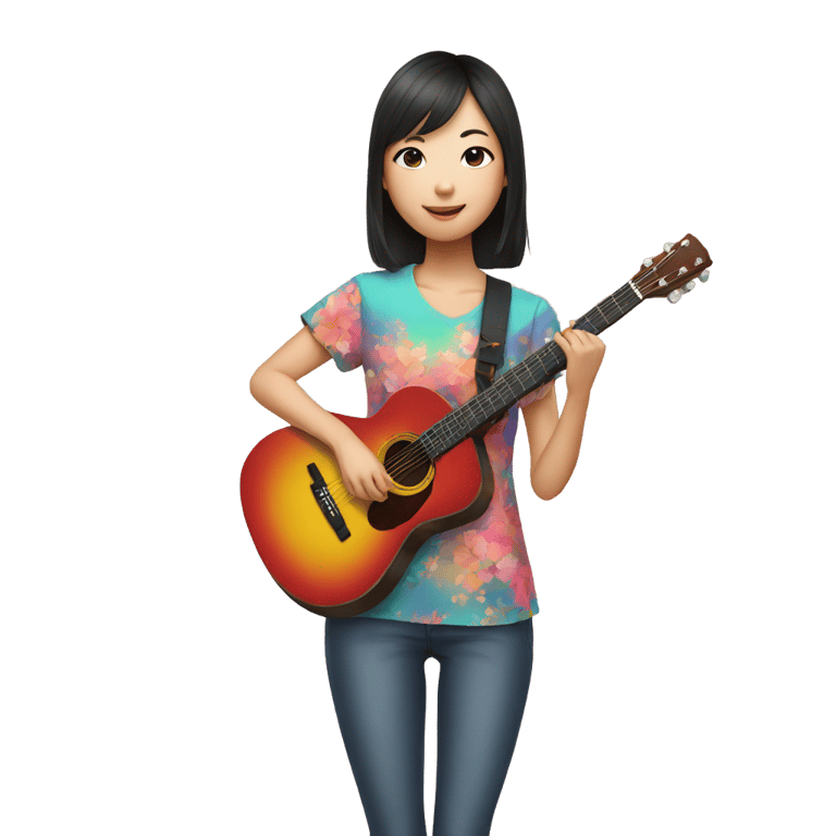 genmoji : Cute asian girl with short dark hair and a colourful shirt and a guitar