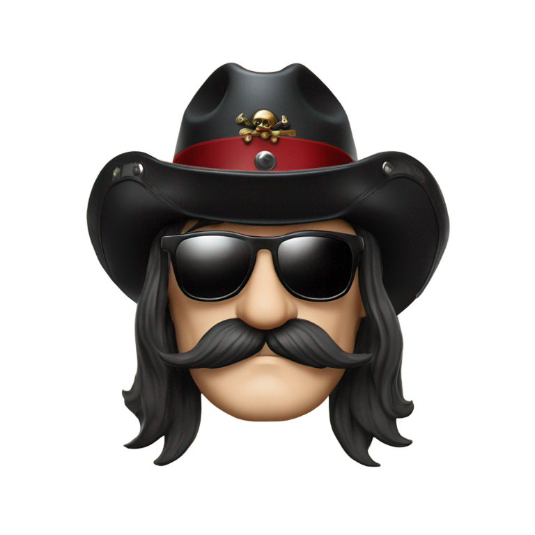 genmoji : Lemmy Kilmister avec lunettes Ray-Ban noires, barbe Souvorov, pattes reliant la moustache, menton rasé, chapeau haut de forme en cuir noir taille basse avec drapeau pirate au centre.