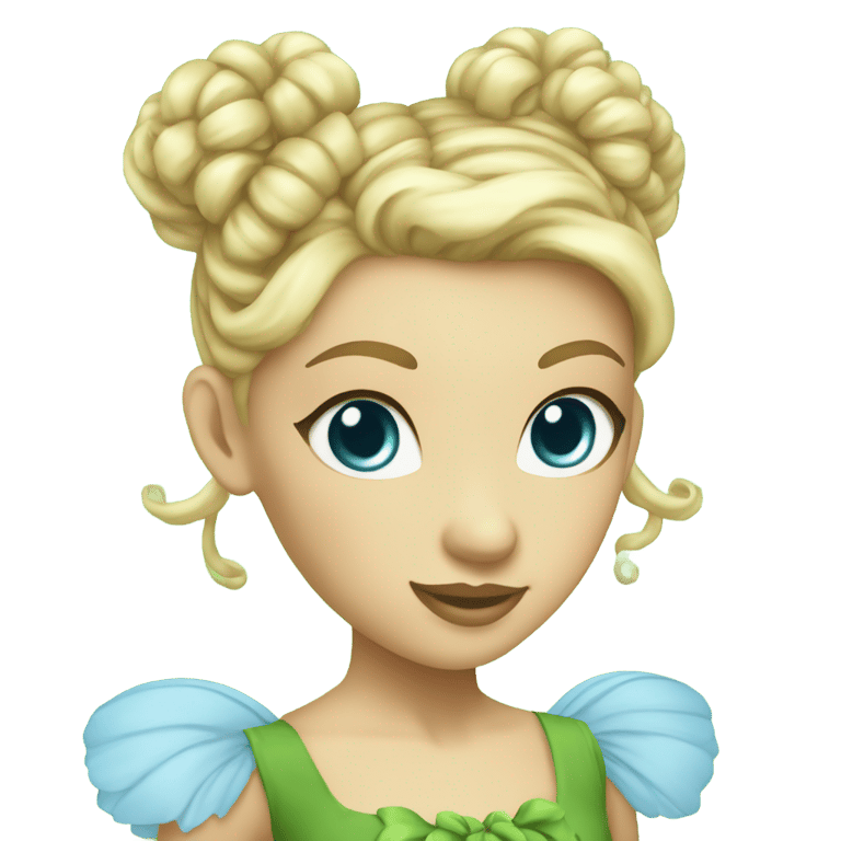 絵文字：A fairy with a light skin tone, blue eyes and blonde hair tied up in an elegant bun. She wears a green dress made of leaves and a cotton ball in each of her green shoes