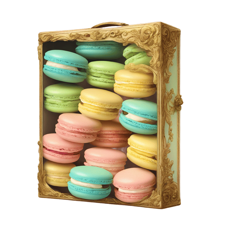 genmoji : Une boîte vintage rococo de macarons arc-en-ciel aux couleurs pastel.