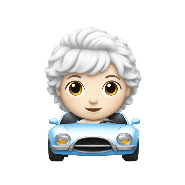 絵文字：White baby with black and White hair driving a White and blue car