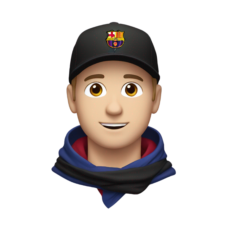 genmoji: White guy wearing a black cap and a FCBarcelona shirt and a black scarf