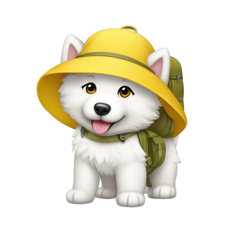 genmoji：萨摩耶幼犬戴黄色帽子和背包