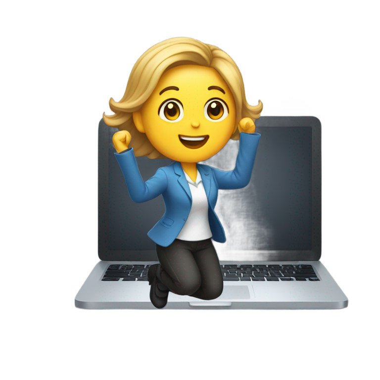 genmoji : Une enseignante sautant derrière son ordinateur portable