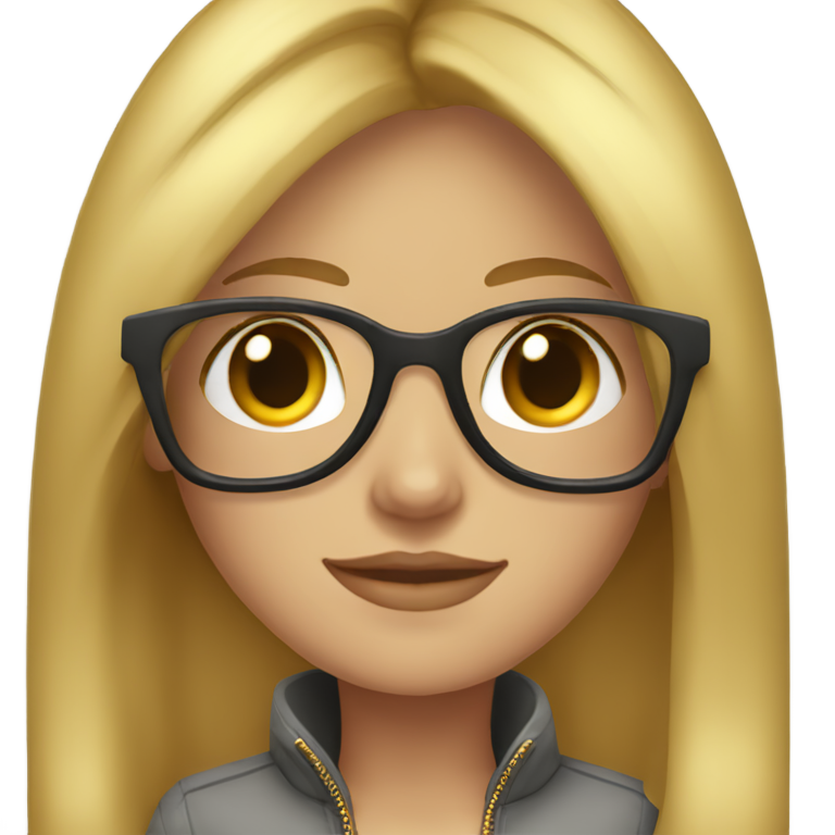 genmoji：大眼睛棕色瞳孔，金发长直发，穿灰色夹克配金色拉链，戴黑色眼镜的女孩。