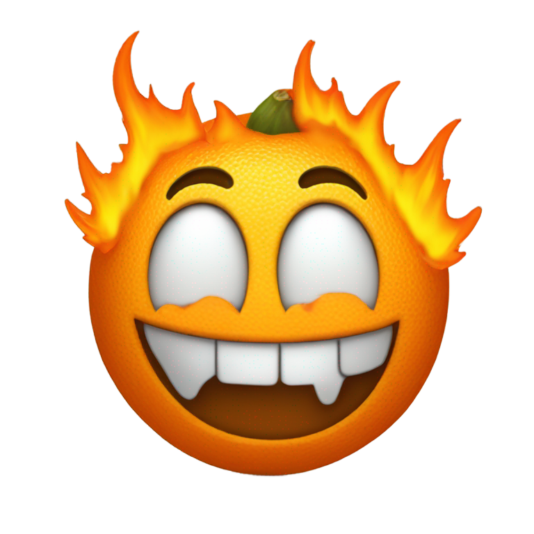genmoji：一个橙色火焰形状的角色，脸上有两个黑点眼睛和一个宽大的白牙微笑。顶部边缘略有锯齿，像火焰。
