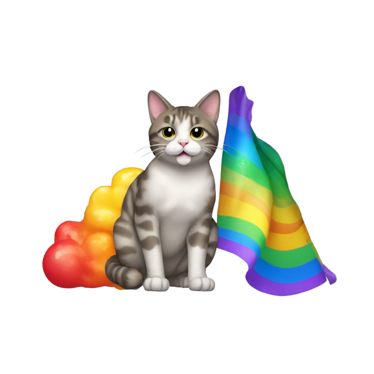 絵文字：猫が虹を吐きながら、うんち絵文字の入ったプライドフラッグを振る