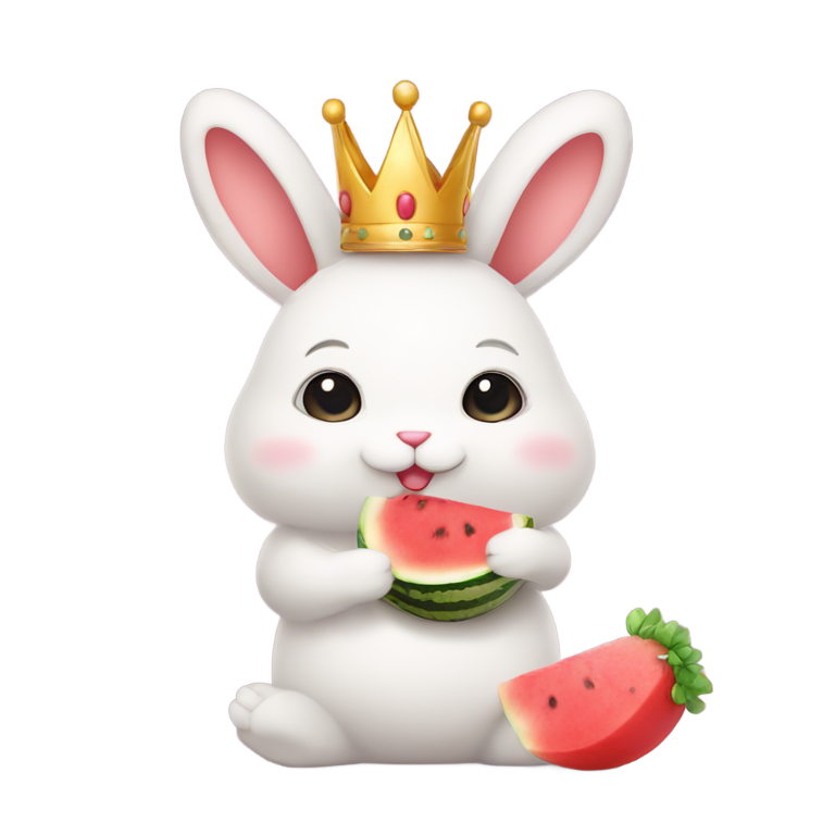 genmoji : Mignon lapin duveteux avec couronne tenant une petite pastèque, fond doux.