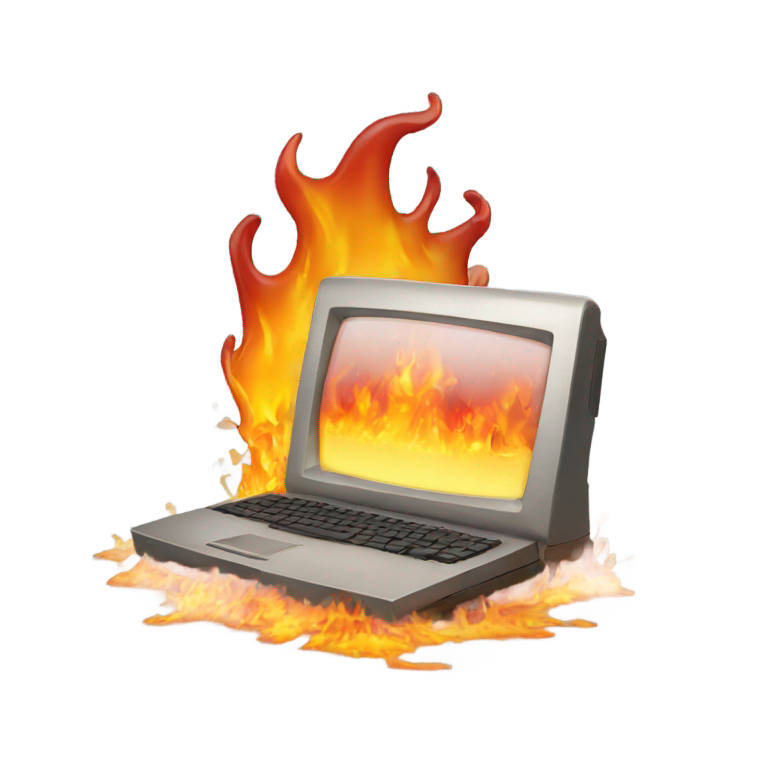 genmoji: Computer getting destroyed by flames and slowly melting