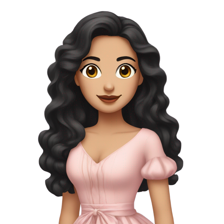 genmoji：一位身穿浅粉色裙子的拉丁贵族女性，黑色长卷发，漂亮的睫毛，三四分视角。