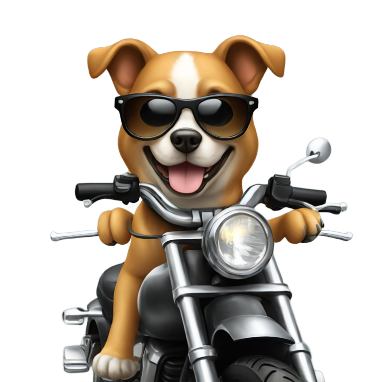 genmoji: a dog riding motorcycle with riding gears and sunglasses