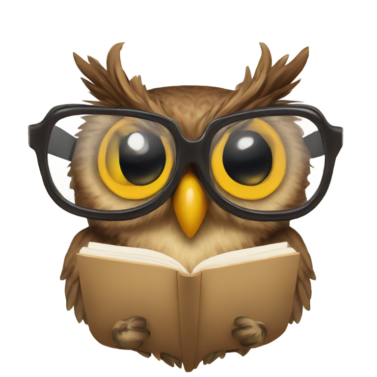 genmoji: Owl with glasses looking up from behind a book