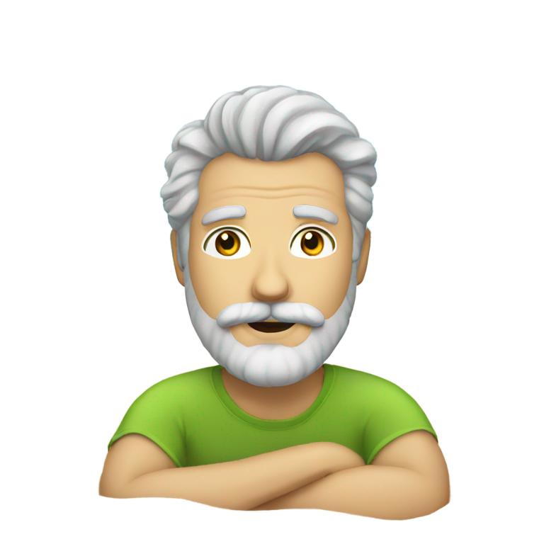 genmoji：白人男子，短卷灰发，留胡须和小胡子，坐在沙滩上，背景是大海。