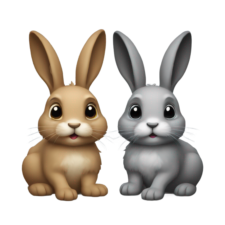 絵文字：Little hares are playing, one is grey and the other is black