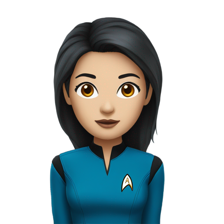 genmoji：《星际迷航》女性角色，蓝色制服，中长黑发微乱，棕色眼睛，白皮肤