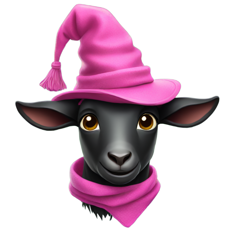genmoji: a black goat in a green wizard hat and a pink scarf