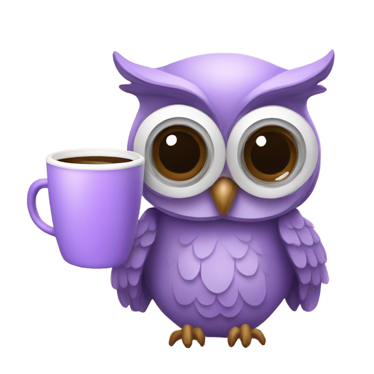 genmoji: Lavender owl with a cup of coffee