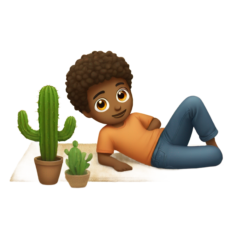 genmoji：一个棕色男孩躺在带有仙人掌的地毯上