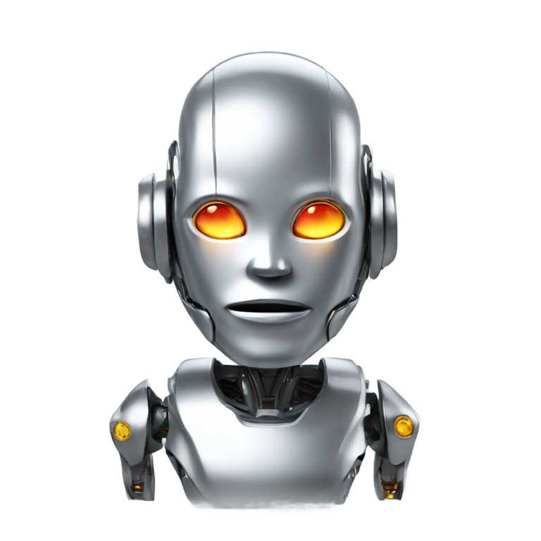 genmoji：机器人金钱，火焰眼睛，银色面孔，未来主义3D。
