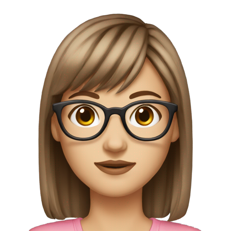 genmoji：超级漂亮的女孩，棕色头发，齐刘海，透明眼镜，浅白皮肤，棕色眼睛