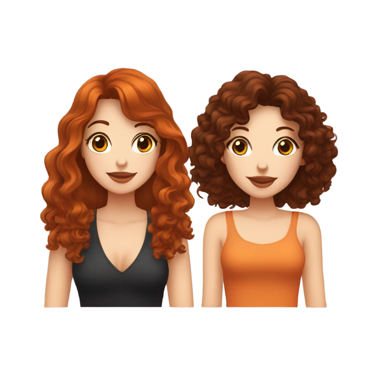 genmoji：两个白人女孩和一只猫一起喝酒。一个长着卷发、棕色长发、深棕色带刘海的女孩和一个浅橙红色头发、雀斑的女孩。