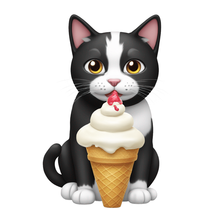 genmoji：一只黑白斑点的猫吃着冰淇淋