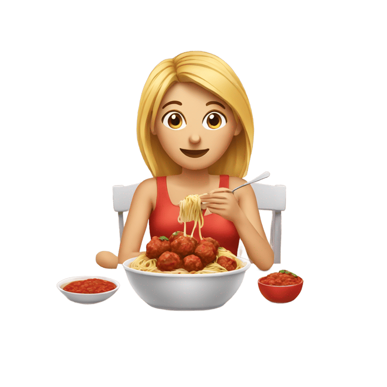 genmoji: woman eating spaghetti and meatballs sitting at a table