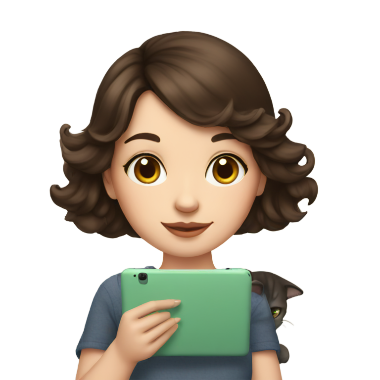 genmoji : Fille brune dessinant sur iPad avec un chat