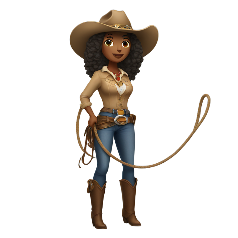 genmoji : Une femme afro-américaine aux hanches larges, vêtue d'une tenue de cow-boy avec un lasso.