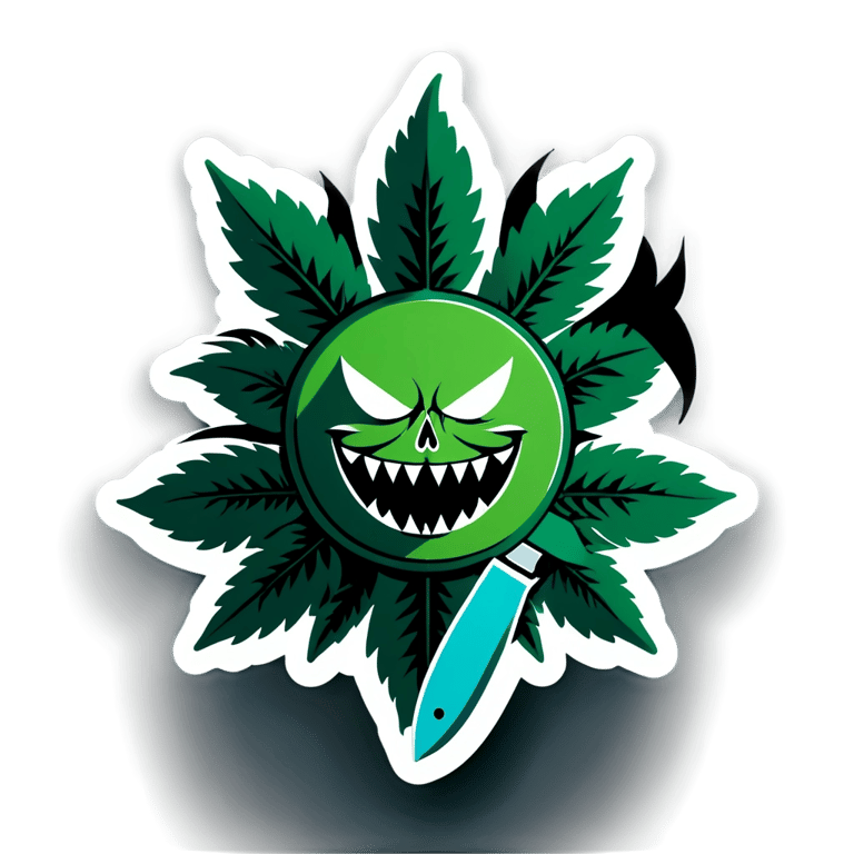 genmoji: evil marijuana flower with a face and a knife
