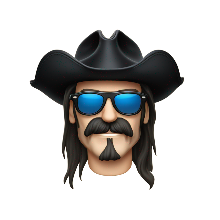 genmoji : Lemmy Kilmister avec des lunettes Ray-Ban noires et un chapeau haut de forme avec un drapeau pirate devant.
