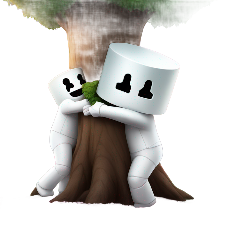 絵文字：Marshmello hugging marshmello behind a tree