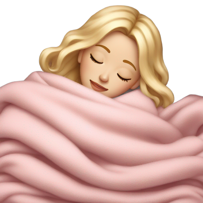 genmoji：beautiful girl with blonde hair in pink rich sweater sleeping under the white blanket
