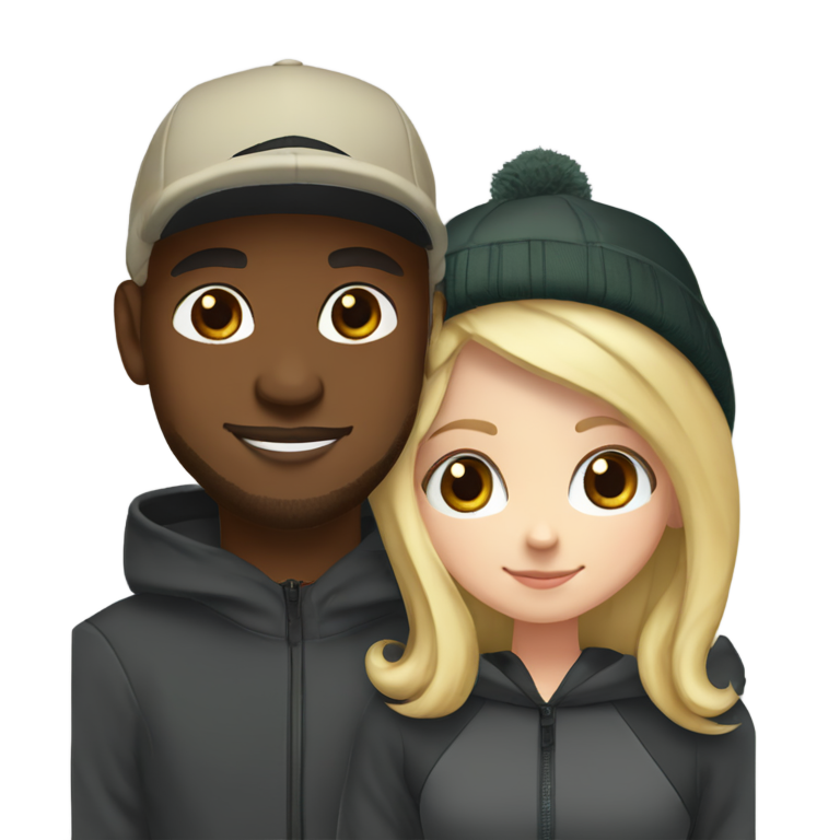 genmoji : Mignonne fille blanche aux cheveux blonds en Nike Tech Fleece embrassant un garçon noir avec un chapeau de Noël.